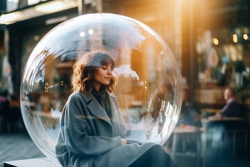 Woman inside a big soap bubble, introvert, loner, living in solitude, recluse. Mental health, psychology concept, inner world, shyness, hiding identity, dreaming, antisocial, alone, avoiding people - obrazy, fototapety, plakaty