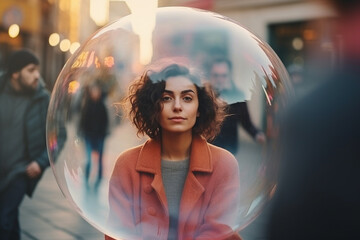 Woman inside a big soap bubble, introvert, loner, living in solitude, recluse. Mental health, psychology concept, inner world, shyness, hiding identity, dreaming, antisocial, alone, avoiding people