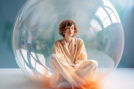 Woman inside a big soap bubble, introvert, loner, living in solitude, recluse. Mental health, psychology concept, inner world, shyness, hiding identity, dreaming, antisocial, alone, avoiding people