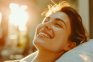 Fototapeta premium Golden Hour Glow: A Woman's Radiance in Body Therapy