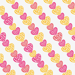 Red pink and yellow hearts lovely doodle seamless pattern with hand drawn vector illustration for textile, fabric, scrapbook or cover. Cute vector geometry background for Valentines day decoration.