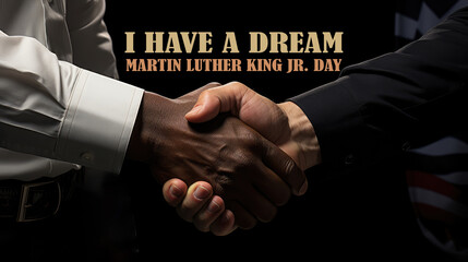 Happy Martin Luther King jr day. I have a dream text and white and black handshake