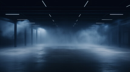 Empty dark scene with smoke effect. Dark showroom.