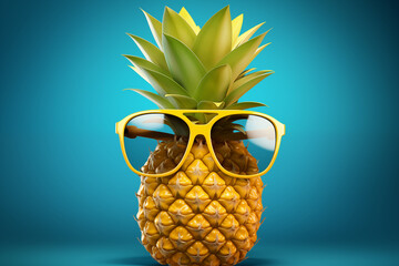 Pineapple character with glasses on studio background with copy space