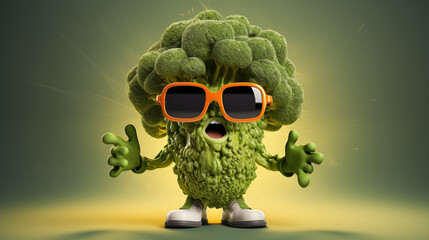 Broccoli character in sunglasses shouting important information, copy space, advertising concept for business, important notice