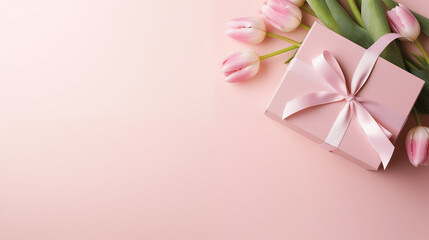 Bouquet of tulips and a gift on a pink background with copy space as a greeting card concept for Women's Day