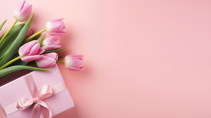 Fototapeta na wymiar Bouquet of tulips and a gift on a pink background with copy space as a greeting card concept for Women's Day