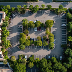 Landscaper cutting lawn, Parking green area common spaces, shot from above drone aerial, grass and palm trees