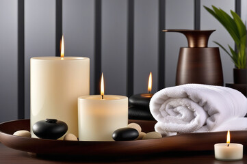 Fototapeta na wymiar Infuse a Zen-inspired elegance into the composition the beauty of spa accessories in a harmonious setting. Towel with herbal bag and beauty treatments, candles, essential oils