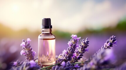 Obraz na płótnie Canvas Essential oil bottle with lavender flowers against a sunset.