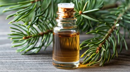 A dropper bottle of essential oil with pine branches and a cone.