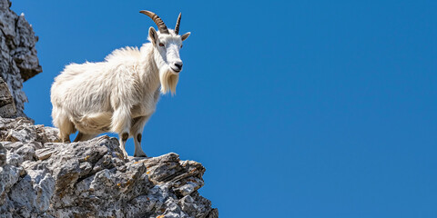 Fototapeta premium Capricorn, the Goat: An agile mountain goat perched on a craggy cliff, set against a clear, blue sky