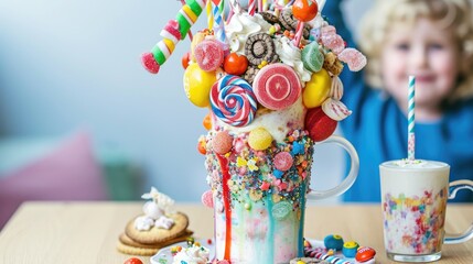 A joyful child with a massive decorated milkshake freakshake in front of them.