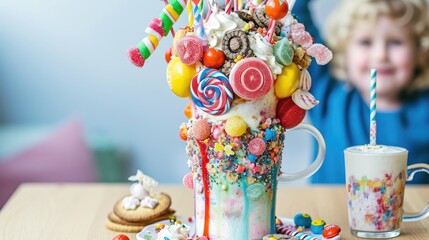 Naklejka premium A joyful child with a massive decorated milkshake freakshake in front of them.