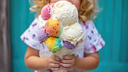 A child holding a huge, overflowing ice cream cone with multiple scoops and flavors