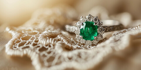 emerald ring on a vintage lace cushion, diamond accents, soft-focus background - obrazy, fototapety, plakaty