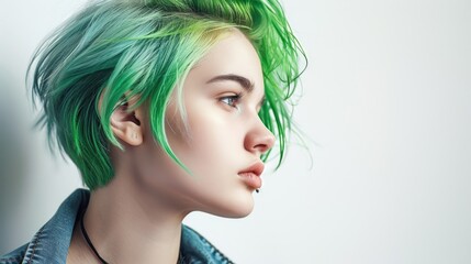 Profile view of a young person with short green hair and glasses, looking to the side, with a nose piercing.