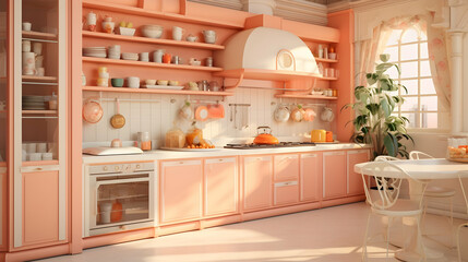Sunny pastel peach color kitchen interior, retro fridge, cozy and stylish