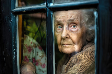 Portr&auml;t einer alten Frau die durch das Fenster schaut
