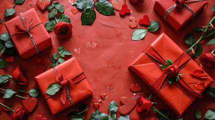 Fototapeta na wymiar Red-wrapped gifts tied with ribbons surrounded by fresh roses and heart-shaped candies on a textured background