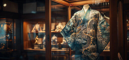 antique silk kimono with a dragon motif, inside a glass display case - obrazy, fototapety, plakaty