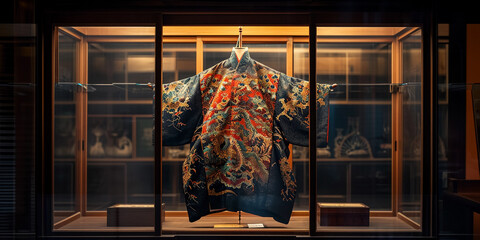 antique silk kimono with a dragon motif, inside a glass display case