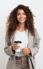 Fototapeta premium Portrait of a pretty cheerful casual girl standing isolated over white background, drinking takeaway coffee.