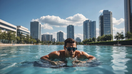 Young man is swimming in the huge pool with blurred city background. AI generated