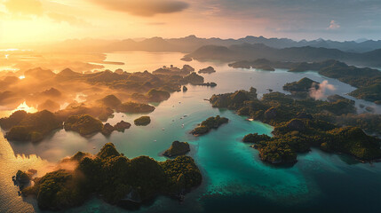 archipelago at sunrise, golden hour lighting, misty atmosphere, turquoise waters