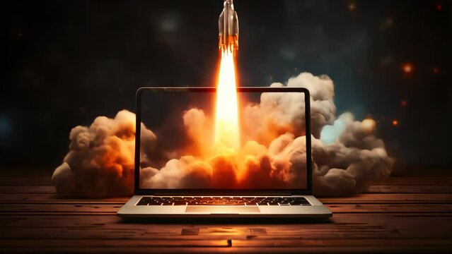 Virtual Space Journey: Rocket Liftoff from Laptop 3d animation