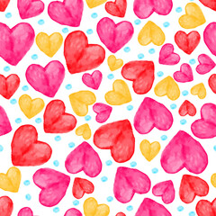Red, pink and yellow watercolor hearts lovely seamless pattern with hand drawn vector illustration for textile, fabric, scrapbook or cover. Cute vector background for Valentines day decoration.