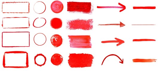 Sammlung von Rahmen, Kreis, Umrandung, Streifen und Pfeilen in rot gemalt mit einem Pinsel