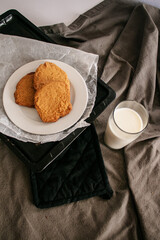 Rustic milk and cookies flatlay