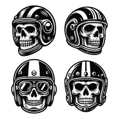 Set of retro vintage biker racer skull in helmet design vector template illustration. t-shirt design, logo mascot emblem isolated on white background - obrazy, fototapety, plakaty