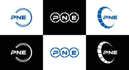 PNE logo. P N E design. White PNE letter. PNE, P N E letter logo design. Initial letter PNE letter logo set, linked circle uppercase monogram logo. P N E letter logo vector design.	
