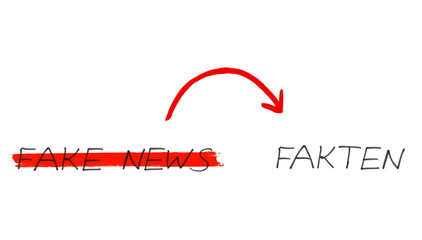 Fake News: Fakten - Text mit rotem Pfeil - obrazy, fototapety, plakaty