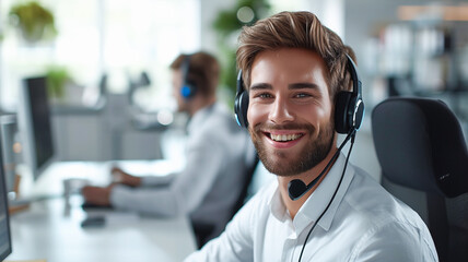 Customer service, Portrait of happy man consulting call center and IT support specialist at a helpdesk patiently guiding users through technology challenges