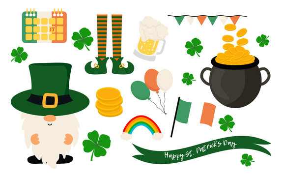 Happy St. Patrick's Day elements set with green clover, shamrock, green ale, gold coins pot, green hats, boot, horseshoes, clover, on white background. St. Patrick's Day typography bundle.