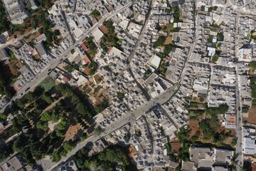 Aerial view of trulli of Alberobello town. Bari, Puglia, Italy