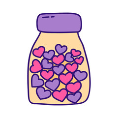 Jar with pink and purple hearts inside. Valentines Day. Confession of feelings. Vector isolated illustration doodle hand drawn. Holiday 14th of February. Icon or card. Love element