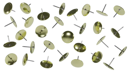 Tuinposter Falling metal push pins isolated on transparent and white background. Office concept. 3D render © Artem