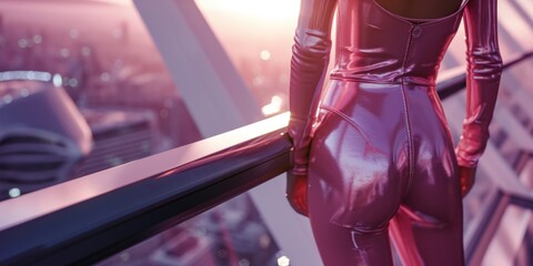 Gorgeous Woman wearing Latex Pink Neutral Fashion Combination - Woman on a Balustrade Background of Architectural Skyscraper Terrace created with Generative AI Technology