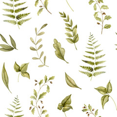 Seamless Forest Pattern with green plants. Watercolor woodland background with leaves and fern for textile design or wrapping paper. Botanical backdrop for wallpaper. Hand drawn illustration.
