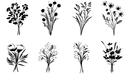 Vector plant set of botanical flowers and herbs. Ink drawings of plants for diy projects, greeting cards, wedding invitations. Isolated hand drawn floral sketch of botany doodle flowers for stationary - obrazy, fototapety, plakaty