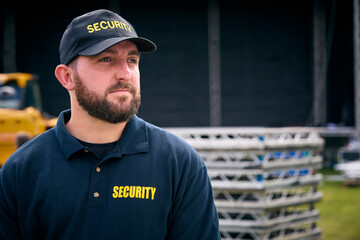 Male Security Team Member Outdoors As Stage For Music Festival Or Concert Is Set Up