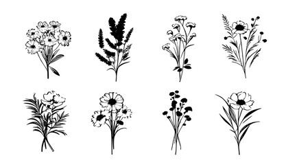 hand plant collection. Botanical set sketch flowers branches. , hand drawn. Beautiful flower on a transparent background. The vector wildflowers and flowers are highly detailed line art style - obrazy, fototapety, plakaty