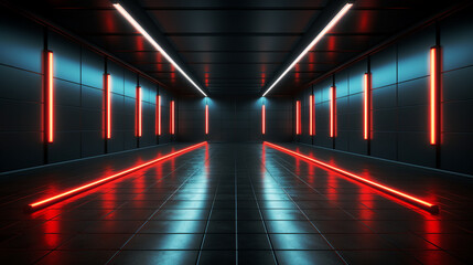 Dark room interior with red glowing neon. Laser linear shape glowing in the dark. Modern corridor or nightclub design. Generative AI - obrazy, fototapety, plakaty