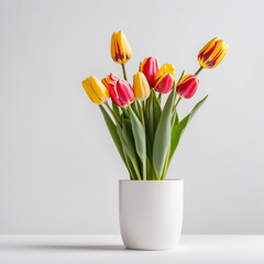 tulips flowers in white pot is tall on white background. ai generative