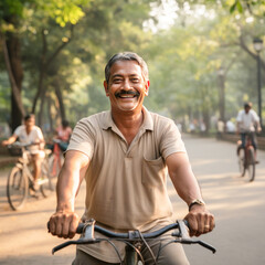 senior Indian man riding a bicycle in a park.