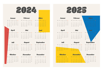 2024 2025 calendar vector design template, simple and clean design. Calendar in German. The week starts on Monday
